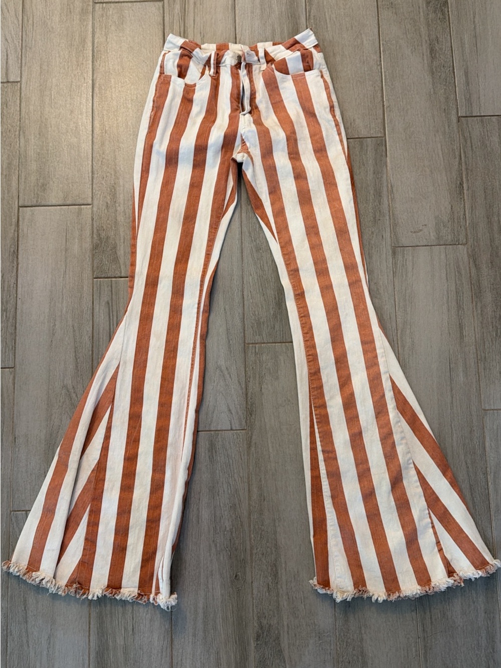 High-Rise Rust and White Striped Flare Jeans - Women's Wide Leg Pants